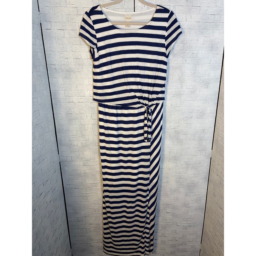 Chicos women's Dress maxi blue white stripe side tie nautical knitβ coastal